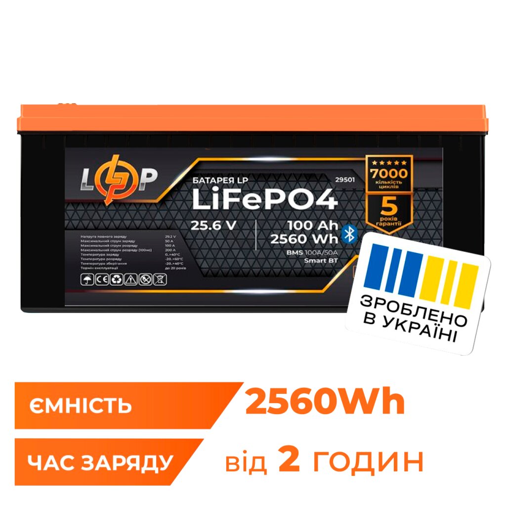 Акумулятор LP LiFePO4 25,6V - 100 Ah (2560Wh) (BMS 100A/50А) пластик Smart BT - Изображение 1