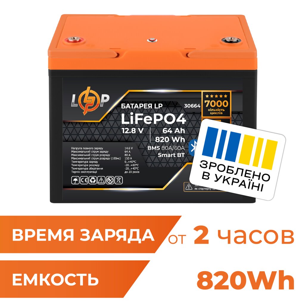 Аккумулятор LP LiFePO4 12,8V - 64 Ah (820Wh) (BMS 80A/64А) пластик Smart BT - Изображение 1