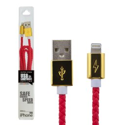 Кабель USB - Lightning 1м R (кож. плетение) красный /