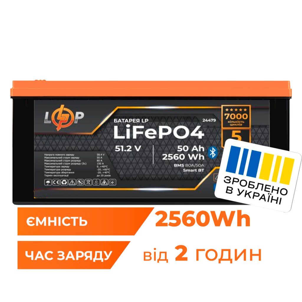 Акумулятор LP LiFePO4 51,2V - 50 Ah (2560Wh) (BMS 80A/50А) пластик Smart BT - Изображение 2
