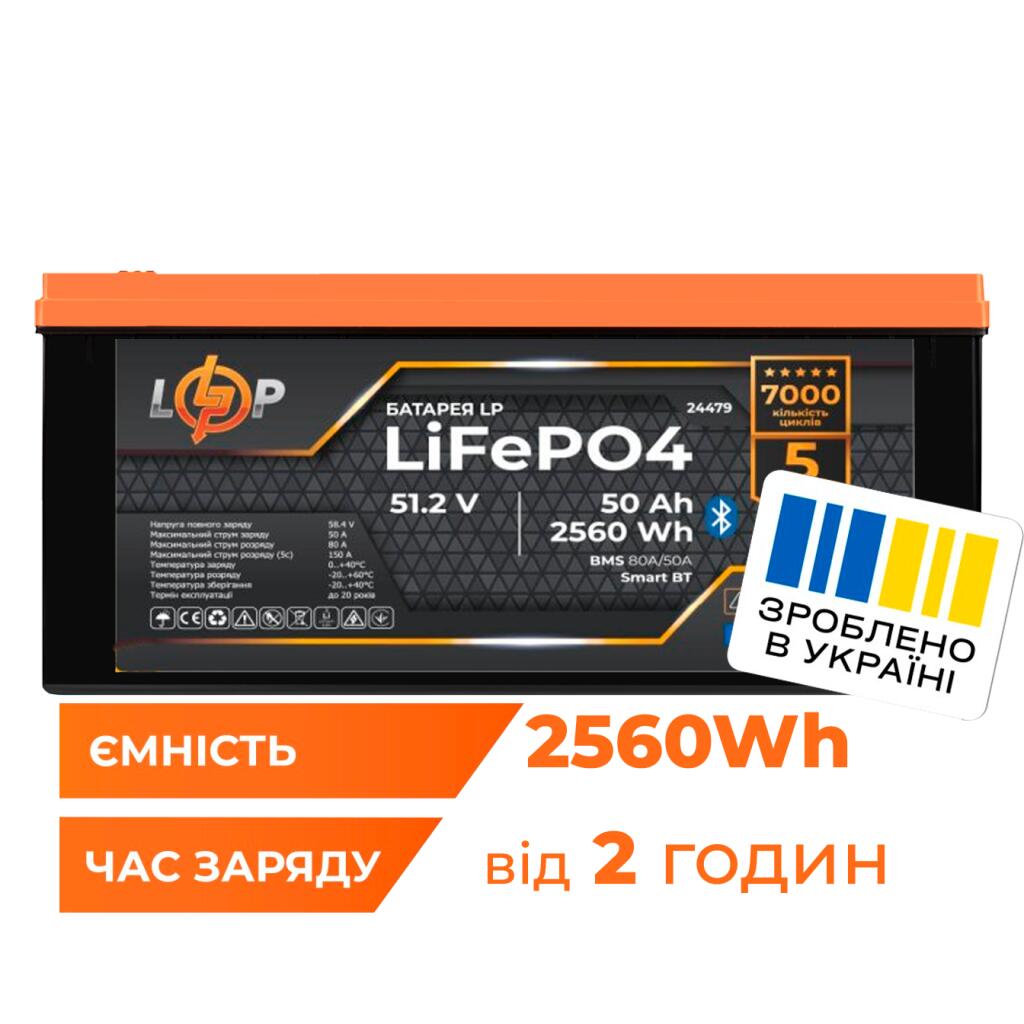 Акумулятор LP LiFePO4 51,2V - 50 Ah (2560Wh) (BMS 80A/50А) пластик Smart BT - Зображення 2
