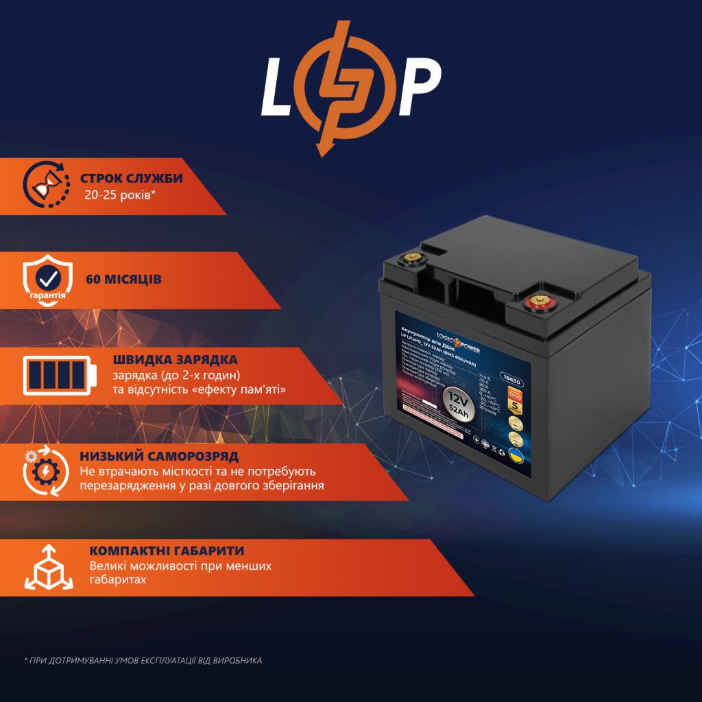 Аккумулятор LP LiFePO4 для ИБП 12V (12,8V) - 52 Ah (665Wh) (BMS 80A/40А) - Изображение 2