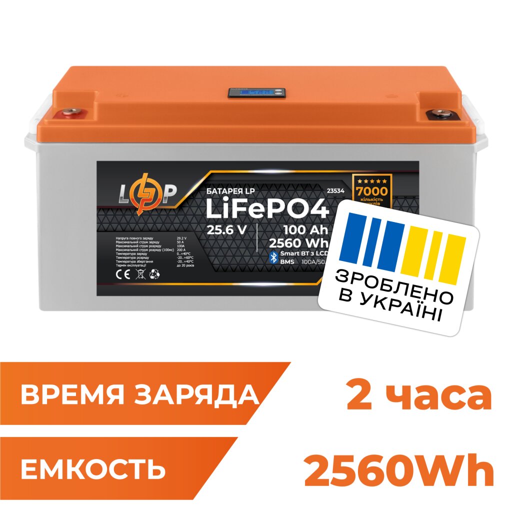 Аккумулятор LP LiFePO4 25,6V - 100 Ah (2560Wh) (BMS 100A/50А) пластик LCD Smart BT - Изображение 1