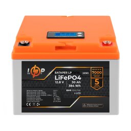 Акумулятор LP LiFePO4 LCD 12V (12,8V) - 30 Ah (384Wh) (BMS 30A/15А) пластик null