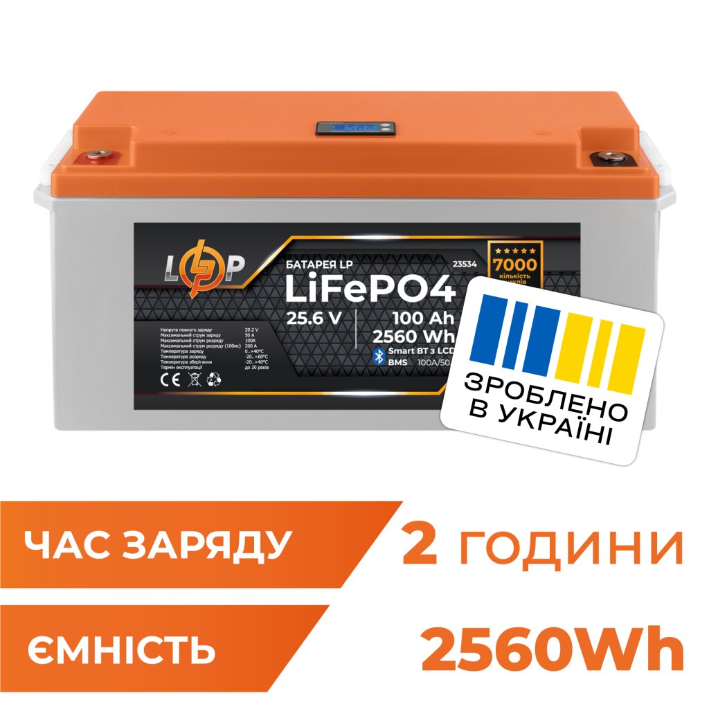 Акумулятор LP LiFePO4 25,6V - 100 Ah (2560Wh) (BMS 100A/50А) пластик LCD Smart BT - Изображение 1