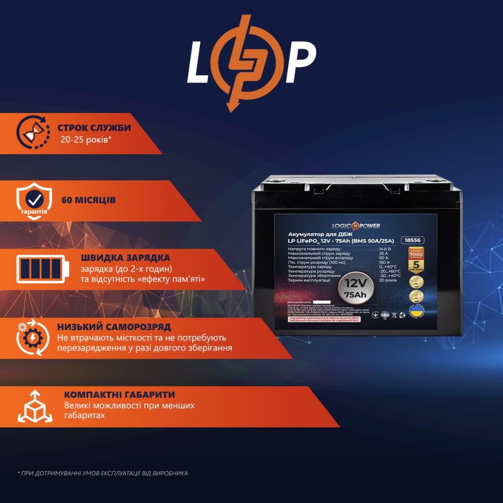 Аккумулятор LP LiFePO4 для ИБП 12V - 75 Ah (BMS 50А/25A) пластик - Изображение 2
