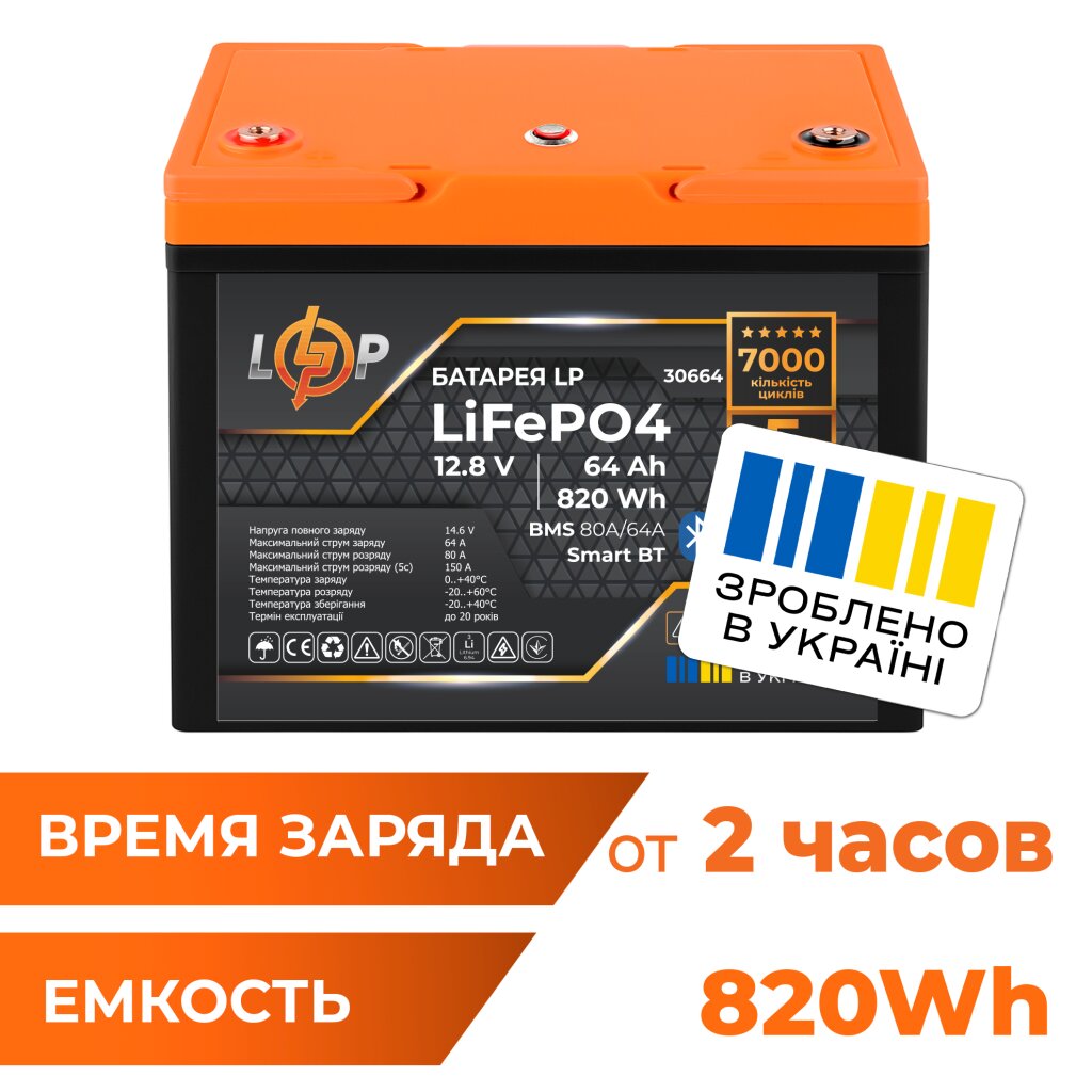 Аккумулятор LP LiFePO4 12,8V - 64 Ah (820Wh) (BMS 80A/64А) пластик Smart BT - Изображение 1