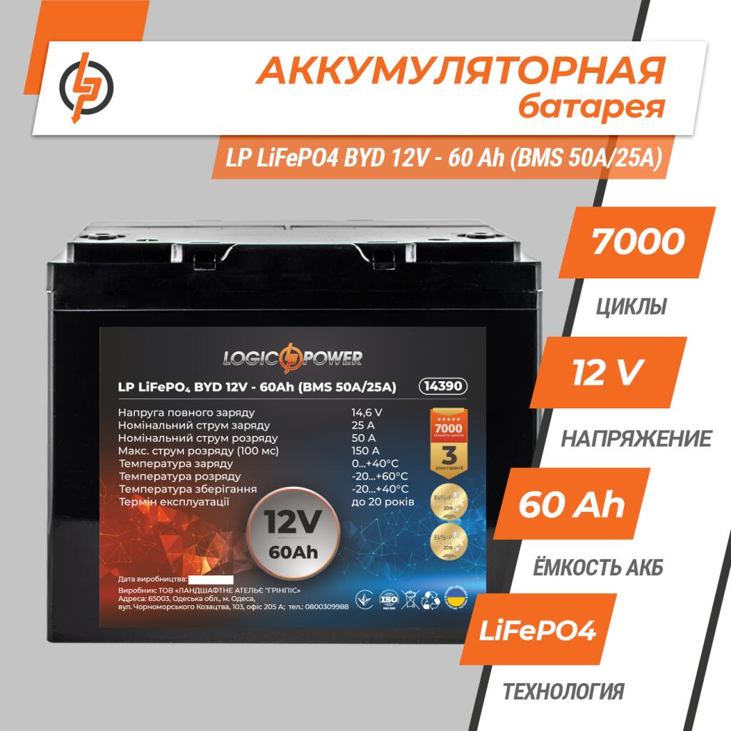Акумулятор LP LiFePO4 12V - 60 Ah (BMS 50A/25А) пластик - Зображення 2