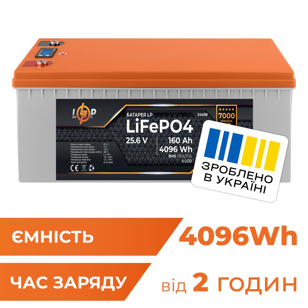 Акумулятор LP LiFePO4 25,6V - 160 Ah (4096Wh) (BMS 150A/75А) пластик LCD для ДБЖ - Изображение 1