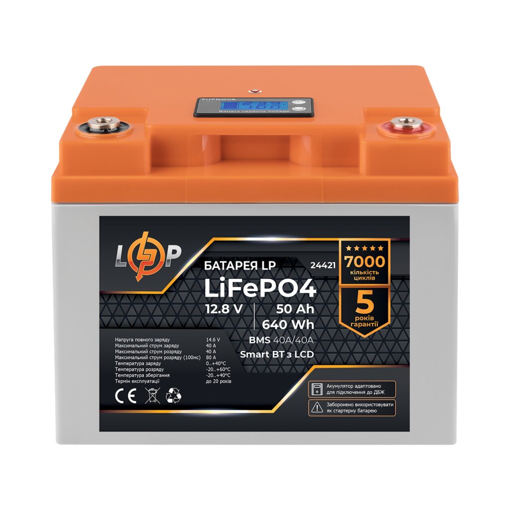 Акумулятор LP LiFePO4 12,8V - 50 Ah (640Wh) (BMS 40A/40А) пластик LCD Smart BT - Изображение 1